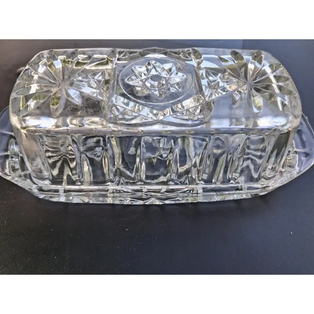 Anchor Hocking Star Of David American Prescut Glass Covered Butter Dish